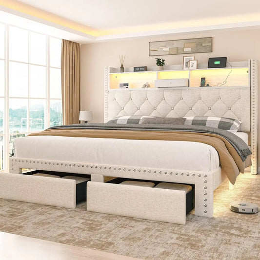 Queen platform bed with storage and charging station