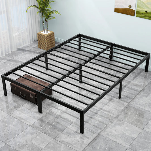 Heavy-duty metal platform bed frame with storage space
