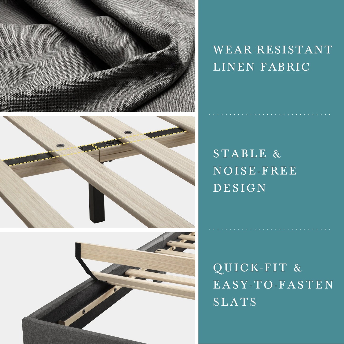 Noise-free upholstered bed frame with adjustable headboard