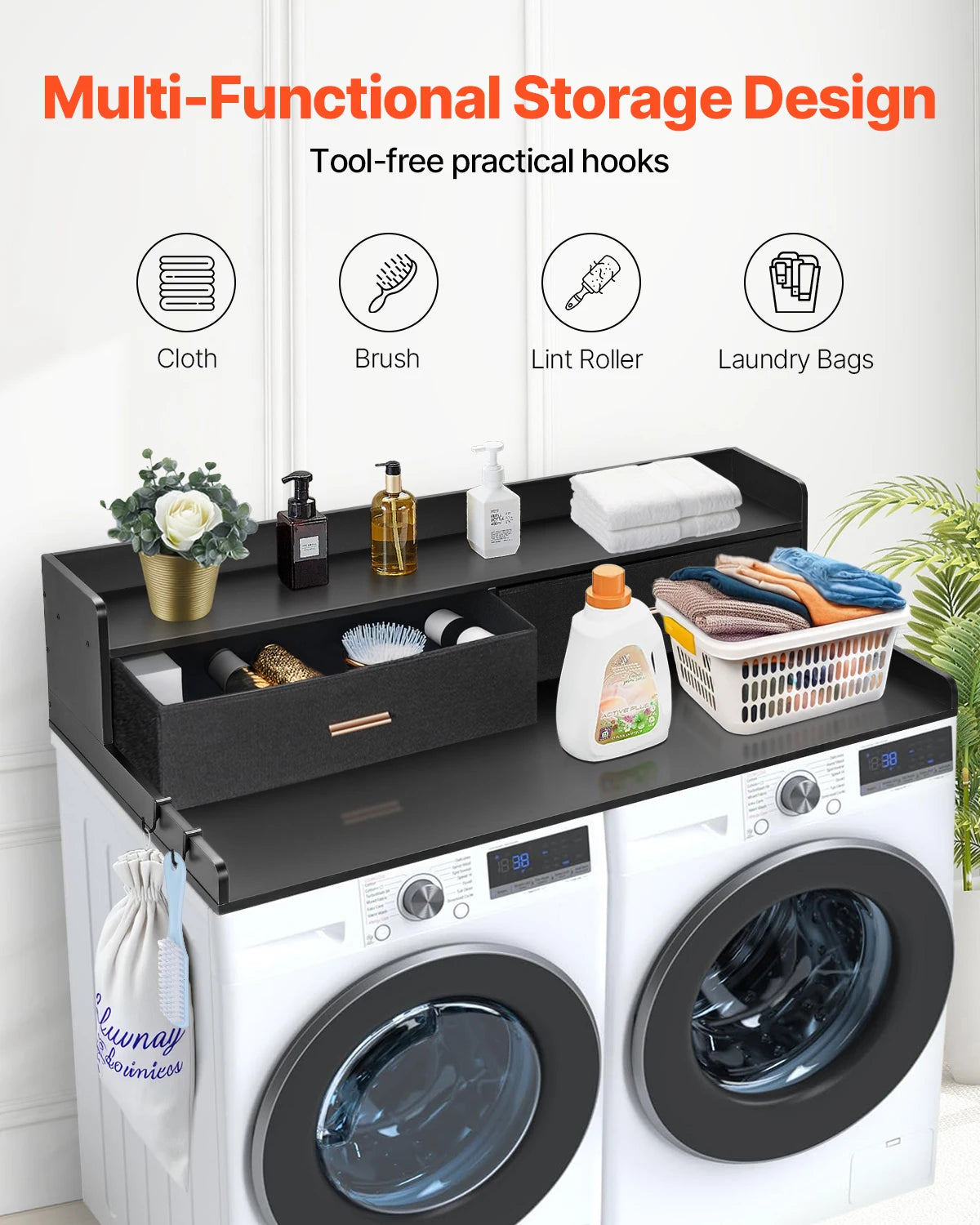 Wooden washer dryer countertop with storage drawer