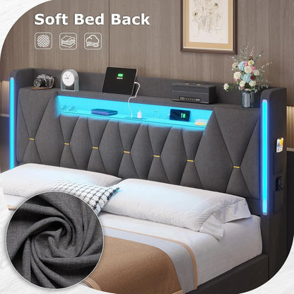 LED king bed frame with storage and charging station