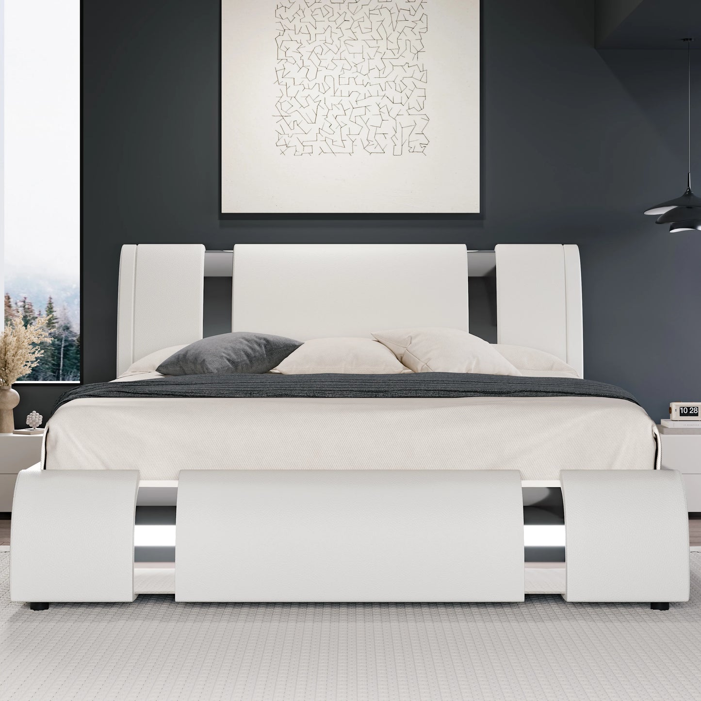 Modern faux leather platform bed with adjustable headboard