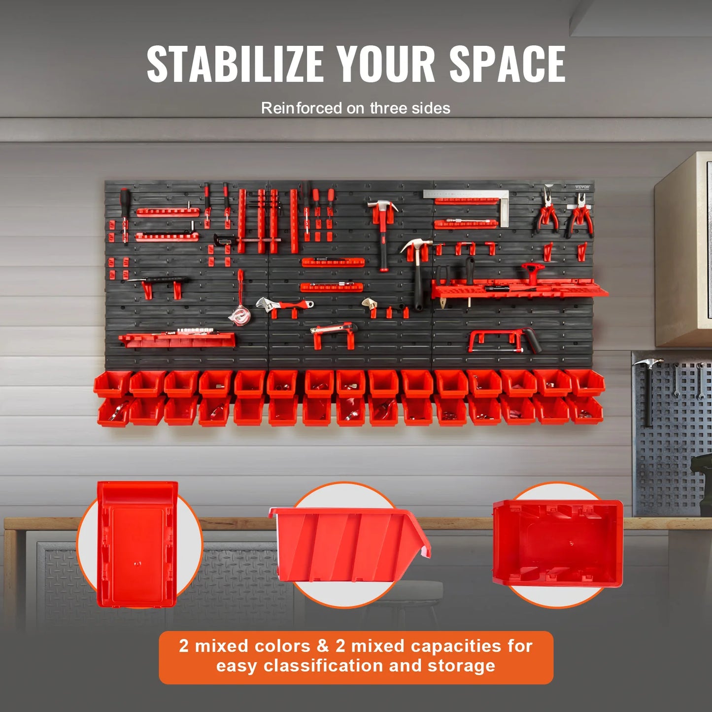 Wall-mounted storage bins and organizer for tools and parts