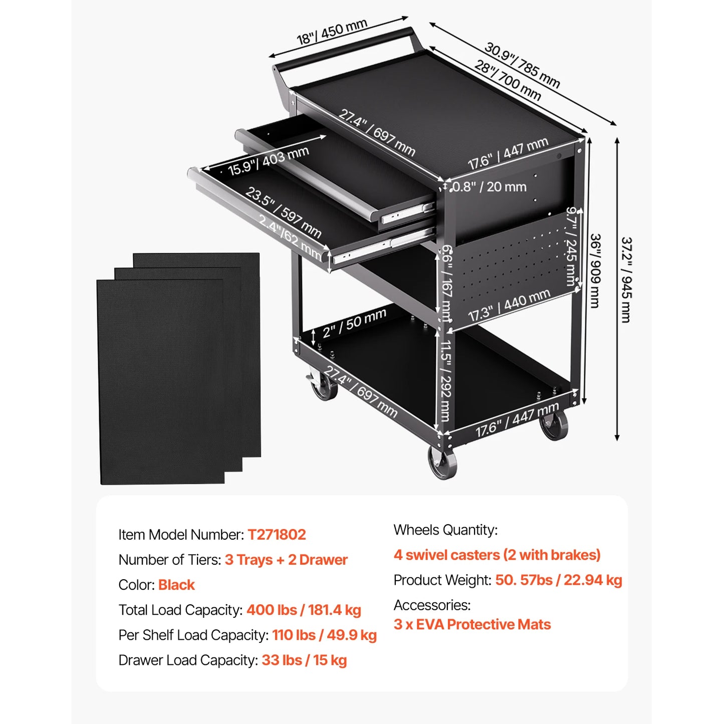 Five-tier rolling tool cart with pegboard storage