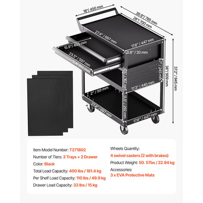 Five-tier rolling tool cart with pegboard storage