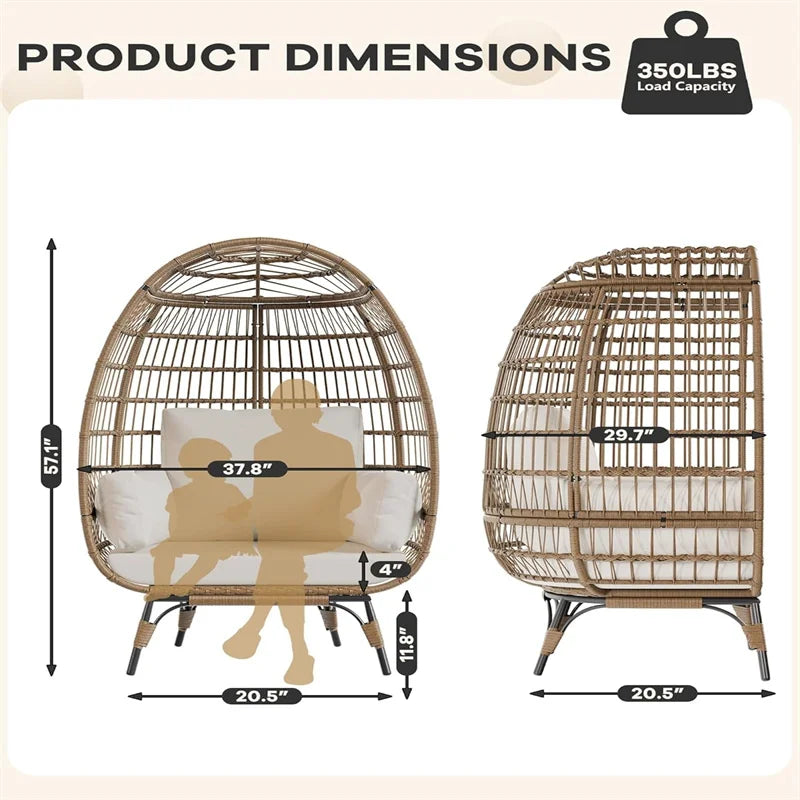 Oversized wicker egg chair with cushions and steel frame