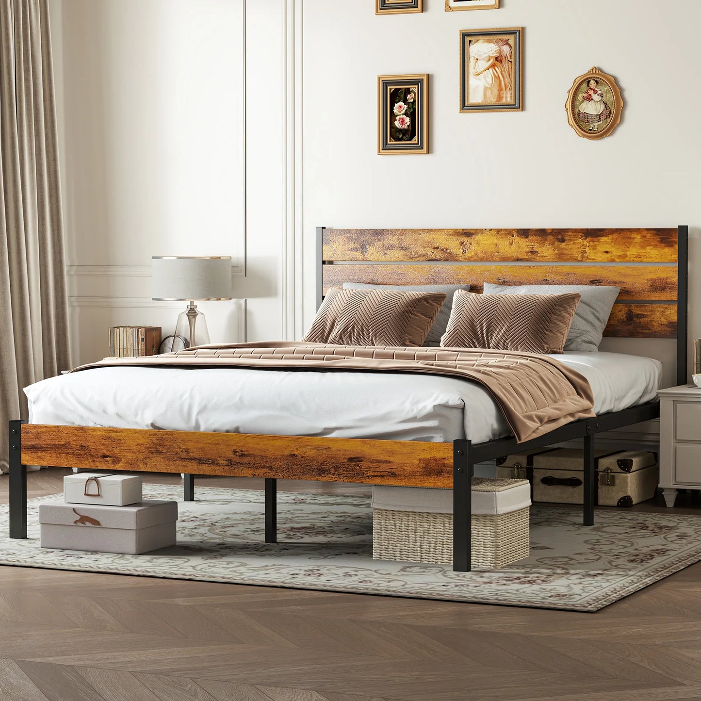 Wooden headboard platform bed with sturdy metal frame