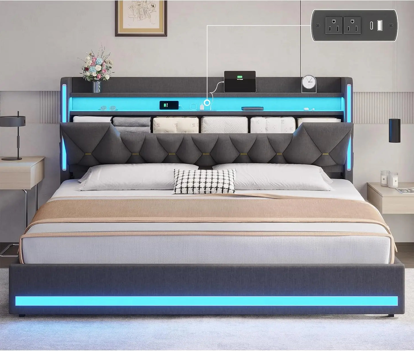 LED king bed frame with storage and charging station