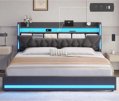 LED king bed frame with storage and charging station