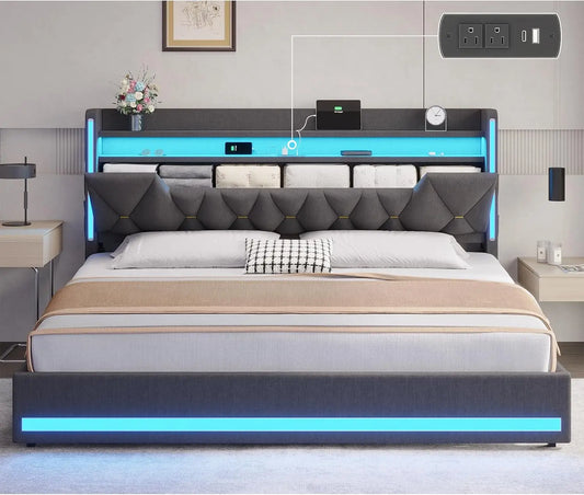 LED king bed frame with storage and charging station
